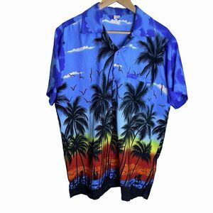 vho Hawaiian Shirt Men's Large Colorful Palm Tree Sunset Button Up Short Sleeve